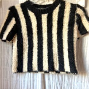 Olivaceous Black and White Striped Fuzzy Sweater
